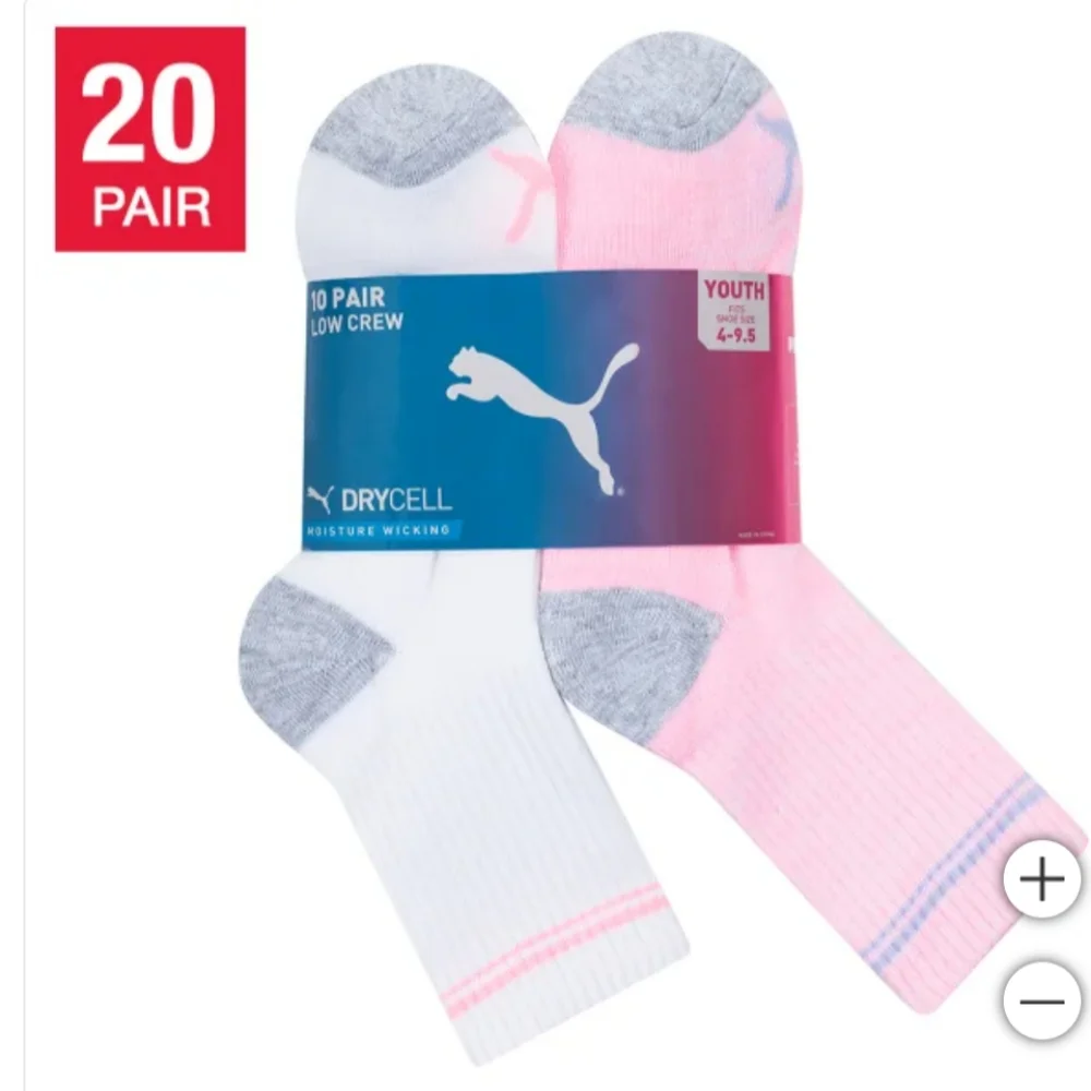 new!!! PUMA Kids' Boys Girls Low Crew Socks, 20-pair Pink Color Size Medium NWT!